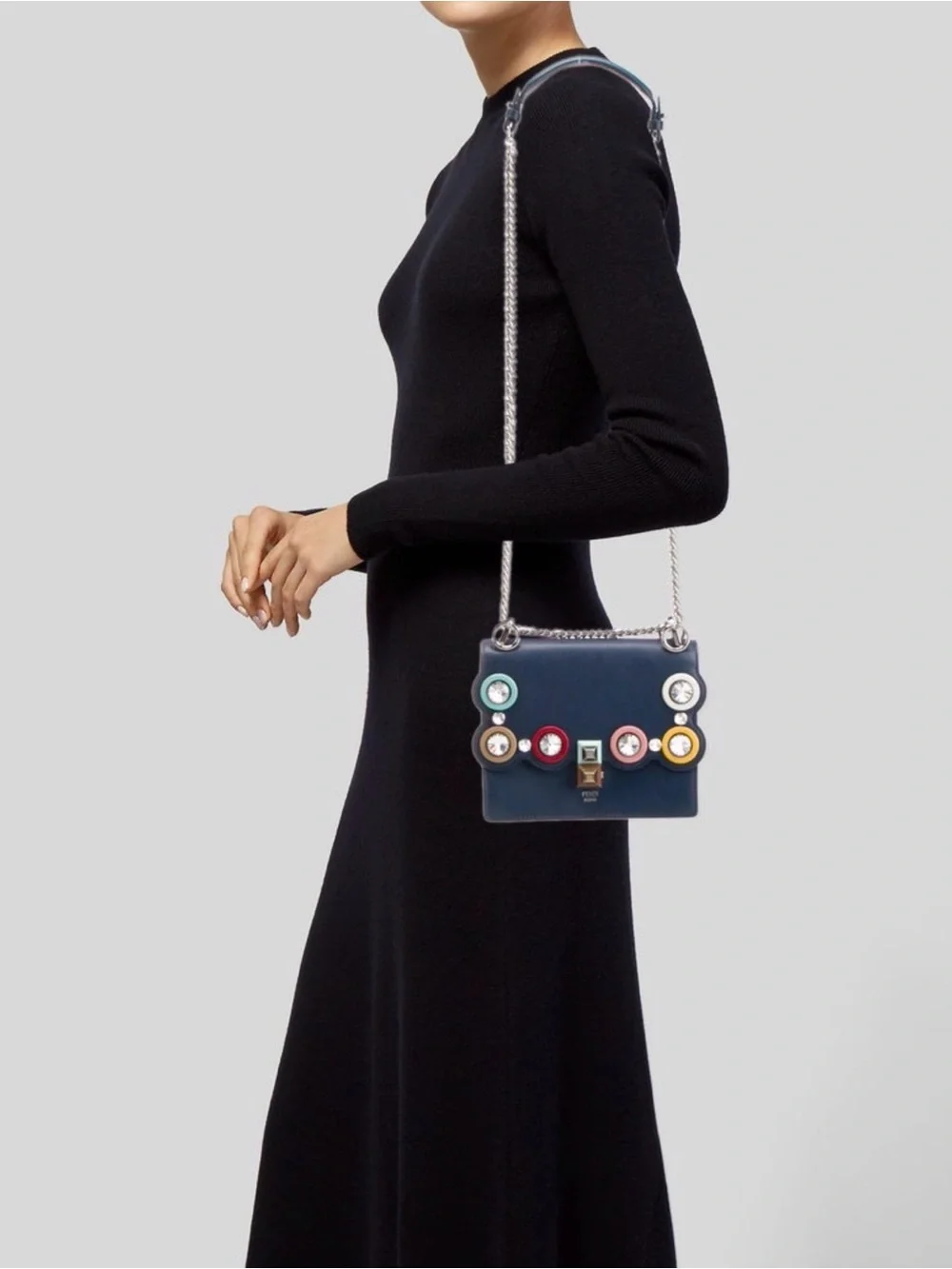 Fendi Navy Leather Crossbody with Multicolor Crystal Ring Accents